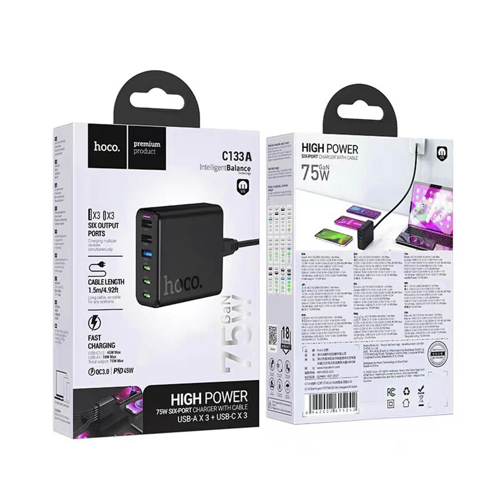 Hoco C133A High Power 75W Six-Port Charger with Cable Hoco C133A High Power 75W Six-Port Charger with Cable